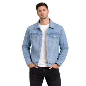 Chaqueta de Mezclilla Azul Claro para Hombre, Estilo Clásico Trucker, Chaqueta Casual de Algodón con Botones al Frente - Product Image 1