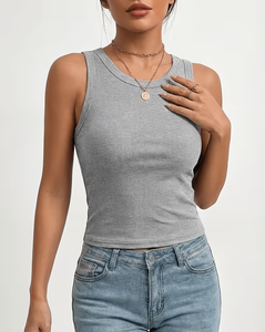 Women's Turquoise Ribbed Knitted Crew Neck Short Tank Top Casual Breathable Solid Color Polyester/Cotton Blend 160g Customizable - Product Image 1