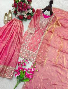 Women Traditional Pink Silk Salwar Kameez With Embroidered Dupatta Floor-Length <b>Wedding</b> Wear India Pakistan Style - Product Image 6