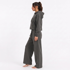 Ensemble molletonné gris à capuche pour femme, coupe décontractée, 2 pièces, sweat-shirt à manches longues et pantalon de jogging, couleur unie, pour l'hiver, usage quotidien, 100% coton - Product Image 3