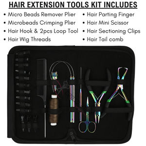 Rainbow Hair Extension <b>Tools</b> Kit with Micro Bead <b>Remover</b> Crimping Plier Hook Loop <b>Tool</b> Hair Wig Threads Mini Scissors Tail Comb - Product Image 2