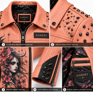 Peach Pink Leather Jacket Womens Floral Gothic Print <b>Studded</b> Shoulder Lapel Collar Zip Pocket Biker Coat Bespoke Manufacturer - Product Image 6