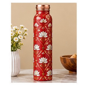 Bouteille d'eau en cuivre à motif de feuilles charmant avec design floral doré, thermos de voyage portable avec couvercle - Product Image 2