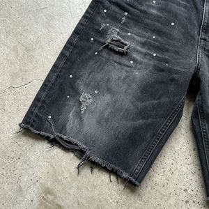 Pantalones Cortos de Mezclilla para Hombre, Lavado Claro, Desgastados, Cintura Media, Pierna Recta, Casuales, de Verano, Ecológicos, de Algodón Negro - Product Image 3