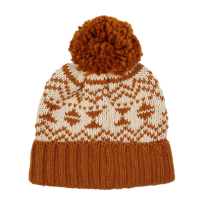 Unisex Knitted Beanie <b>Hat</b> With Pom-Pom Geometric Pattern Brown And Cream Winter <b>Cap</b> Casual Style For Adults 56-58CM - Product Image 1