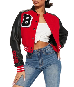 2025 Red Cropped <b>Varsity</b> <b>Jacket</b> Women Premium Quality Leather and Wool Baseball Letterman <b>Jacket</b> for Women's Long Sleeve <b>Jacket</b> - Product Image 3