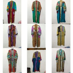 Kimono Maxi de Seda Reciclada Vintage, Vestido Tipo Bata para Mujer, Elegante, con Parches, Cuello en V, Cordón Ajustable, Transpirable, de Secado Rápido, para Verano - Product Image 1