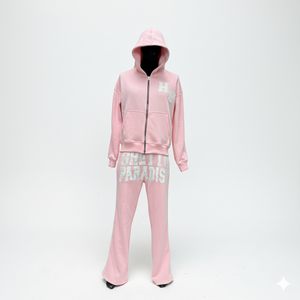 Chándal con capucha rosa para niña, manga larga, cremallera frontal, estampado, estilo urbano, lavado, otoño, corte regular, bolsillos laterales, elástico en cuatro direcciones - Product Image 1