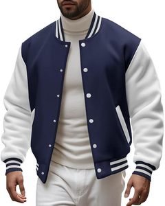 เสื้อแจ็คเก็ต Letterman Varsity สไตล์คลาสสิกสำหรับผู้ชาย พร้อมปักลายแบรนด์ทีมตามสั่ง แขนเสื้อตัดสี ปลายแขนเสื้อแบบริบ - Product Image 1