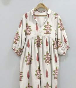 Vestido Midi Tipo Túnica Informal para Mujer, Hecho a Mano, 100% Algodón, Estampado Floral, Transpirable y Sencillo |   Ropa con Estampado de Bloques Indios - Product Image 1