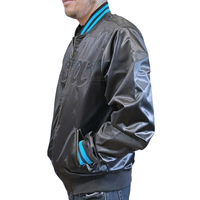 Blouson Bomber en Satin Personnalisé avec Logo OEM, Veste Universitaire Homme Style College, Col et Poignets Rayés Bleus, Léger, Vente en Gros