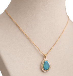 Collier pendentif opale double avec halo de diamants, or massif 10K 14K, bijoux fins minimalistes pour femmes, élégant cadeau de mariage - Product Image 5