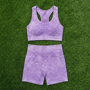 Women Lavender Purple Acid Wash Yoga Set Racerback Sports Bra High Waist Biker <b>Shorts</b> <b>Gym</b> Fitness Activewear - Product Image 6