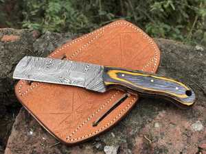 Couteau à lame fixe en acier Damas avec manche en Micarta, couteau de chasse à pointe tombante et bord droit, longueur 8 pouces - Product Image 4