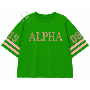 Alfa |   Kapa |   Camiseta Alpha para Mujer con Pedrería Brillante, Letras Griegas Verdes y Rosas, Cuello Redondo, Manga a Rayas y Diseño Gráfico - Product Image 1