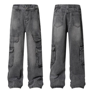 Jeans cargo personnalisés à coupe droite, alliant jambe droite et multi-poches, pantalon cargo en denim ajustable, streetwear unisexe ample - Product Image 2