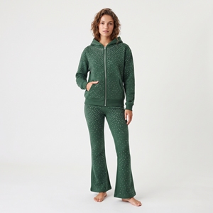 Conjunto de Sudadera con Capucha y Pantalones Acampanados de Punto Acanalado con Estampado de Puntos Verdes y Pedrería para Mujer, Ropa Deportiva Casual de Invierno, Moda Urbana - Product Image 5