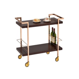 Chariot de service rectangulaire en bois et métal avec porte-bouteilles, fait main en Inde - Product Image 1