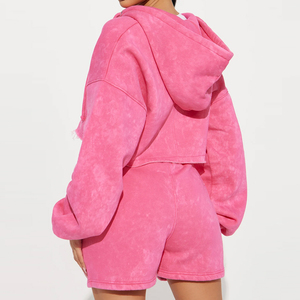 Ensemble sweat à capuche et short en polaire pour femme, rose uni, coupe décontractée, deux pièces, idéal printemps-été, prix de gros - Product Image 1