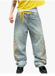 <b>Men</b> Wide Leg <b>Jeans</b> Blue Denim Stonewashed Loose Fit Embroidery Streetwear Pants <b>Men</b> s Baggy <b>Jeans</b> Loose Fit Casual Denim Pants - Product Image 6