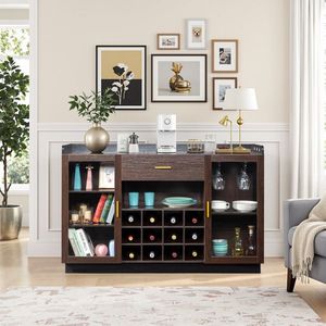 Credenza Portabottiglie FCH per 12 Bottiglie con Doppia Porta in Vetro, Cassetto Singolo, Telaio Nero e Pannelli Interni in Particelle Grigio-Marrone - Product Image 1