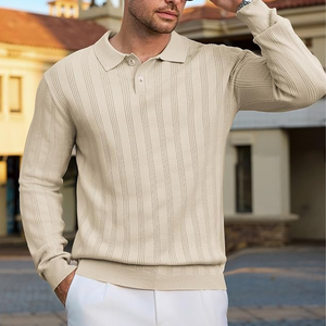 <b>Men's</b> Knitted <b>Long</b> Sleeve Polo Sweater Solid Color Autumn Casual Pullover Full Sleeve Button Closure - Product Image 4