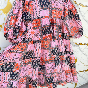Patchwork Midi <b>Dress</b> with <b>Bohemian</b> Inspired Design Relaxed Silhouette and Eclectic Patterned Details for Resort Fashion - Product Image 2