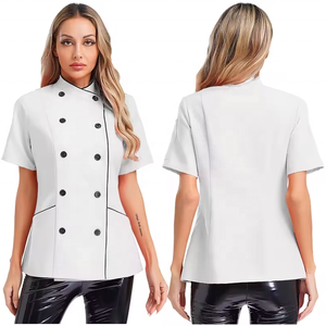 Veste de chef à manches courtes pour femme, blanche, à double boutonnage, uniforme de restaurant et de bar, tissu polyester et coton - Product Image 1