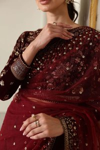 Ensemble de Blouse et Saree de Mariage Pakistanais pour Femme, en Velours Marron et Rayonne, Longueur Ras du Sol, Coupe Trapèze, Grande Taille, Robe de Luxe - Product Image 4