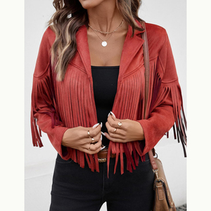 Blazer court rouge en faux daim à franges pour femme, manches longues, ouvert sur le devant, veste d'extérieur tendance automne - Product Image 6