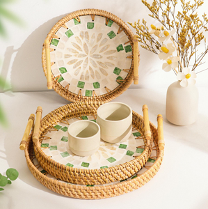 Ensemble de 3 plateaux de cuisine en nacre et rotin, plateau de service de luxe pour le petit-déjeuner, plateau de rangement pour tasses à thé et café - Product Image 1