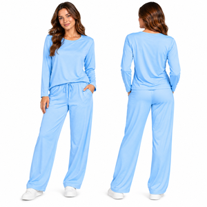 Women Light Blue <b>Long</b> Sleeve Pajama Set Knitted Cotton Soft Casual Full Length Drawstring Pants Round Neck Top - Product Image 3