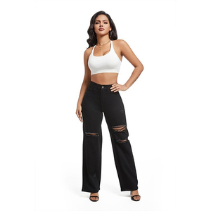Vaqueros de mezclilla rasgados de cintura alta y pierna ancha para mujer, negros lisos, de ajuste holgado informal, de largo completo, estilo primavera - Product Image 1