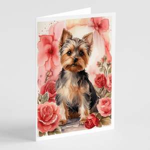 Yorkshire Terrier Valentine Roses Whimsical A7 Tamaño 5x7 Tarjetas de notas en blanco Paquete 8 Tarjetas de felicitación con sobres - Product Image 1