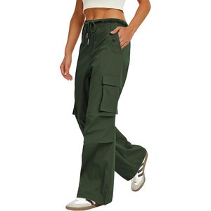 2025 pantalones Cargo verde militar para mujer, pantalones de paracaídas de pierna ancha con cintura elástica, pantalones holgados de senderismo con 4 bolsillos Y2K impermeables para - Product Image 3
