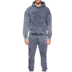 Survêtement à capuche personnalisable pour homme, délavé à l'acide, 100% coton molletonné, uni, à épaules tombantes, style décontracté - Product Image 1