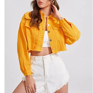 Veste en jean jaune Econex Sports, style camionneur, manches longues, col rabattu, coton délavé, coupe courte, bords effilochés, style printemps - Product Image 1