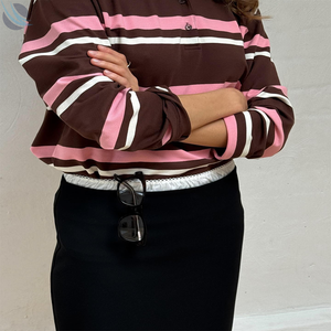 Breathable wholesale Women's <b>Polo</b> Shirt Long Sleeve Casual Knitted Cotton <b>Top</b> Brown Pink <b>White</b> Pattern Regular Length - Product Image 4