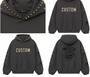 Sweat à capuche personnalisé style punk avec strass noirs et manches effet usé pour homme – Collection automne - Product Image 4