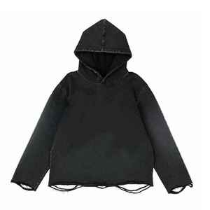 Sweat à capuche court pour homme, hiver, effet vieilli, bords bruts, délavage délavé, style streetwear grunge robuste, coupe classique, attitude audacieuse, 100% - Product Image 1