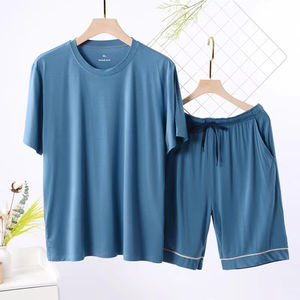 Ensemble de pyjamas pour hommes, respirant, tricoté, manches courtes, pantalon, pyjama de nuit, vêtements de loisirs à la maison, fibre régénérée en élasthanne - Product Image 5