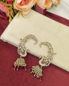 Pendientes Tradicionales de Oreja de Pavo Real con Gota de Pera, Chapados en Oro Antiguo, con Gemas Kundan, Estilo Jhumka, para Mujer, Venta al por Mayor de Joyería Étnica - Product Image 6