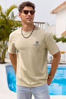 T-shirt à manches courtes beige pour homme, imprimé palmiers, motif Californie, décontracté, col rond, coupe classique, toile 100% coton, séchage rapide