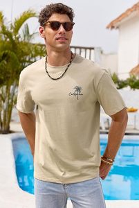Camiseta de Manga Corta Beige para Hombre con Estampado de Palmeras, Diseño Gráfico de California, Cuello Redondo Informal, Corte Regular, Jersey de Algodón Transpirable - Product Image 2