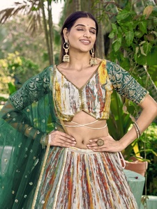 Awesome White <b>Green</b> Sequins Chinnon <b>Silk</b> Party Wear Traditional Lehenga Choli with Zari Embroidery and Sequin Detailing - Product Image 3
