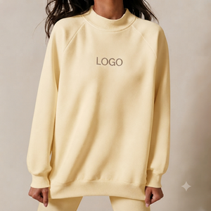 Relaxed Everyday 100% Cotton Women's Printed Solid Mockneck Streetwear Fleece Oversized Long Sleeve Pullover Winter Casual - Product Image 1