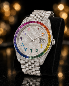 Reloj Citizen Clásico de Lujo con Esfera de Moissanita VVS Totalmente Incrustada, Bisel de Baguette Arcoíris, Números Arábigos Coloridos y Fecha - Product Image 5