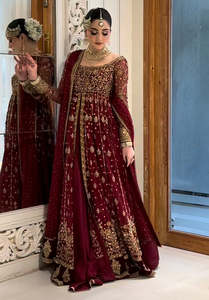 Elegant Lace Ruffles <b>Pearls</b> Crystal Beaded Chiffon Bridal Lehenga Scalloped Crop <b>Top</b> Long Sleeve A-Line Floor-Length Modern - Product Image 4