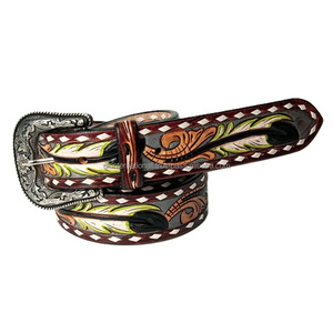 Cinturón Unisex de Cuero Occidental Hecho a Mano con Hebilla de Latón Grabada con Flores Elegantes, Cinturón Vaquero - Product Image 6