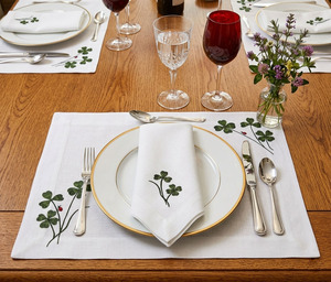 Custom Wholesale QUANG THANH EMBROIDERY Luxury Embroidery Lucky Leaves <b>Placemats</b> Napkins Sets White Linen Mats for Home Hotel - Product Image 1